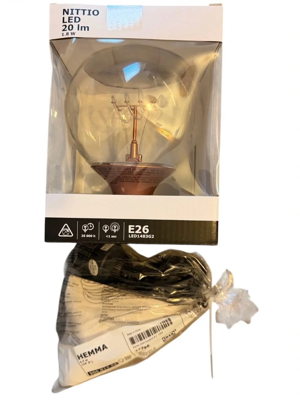 IKEA NITTIO LED Bulb E26 20 lm NIB (Model LED1483G2) & IKEA HEMMA exposed cord